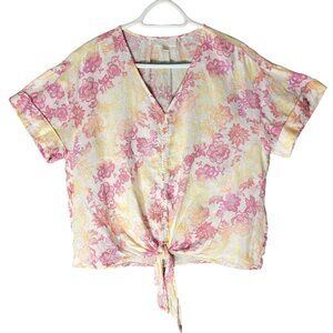 Charter Club Luxury Linen Womens Floral Top Colorful Size L Tie Lightweight Pink